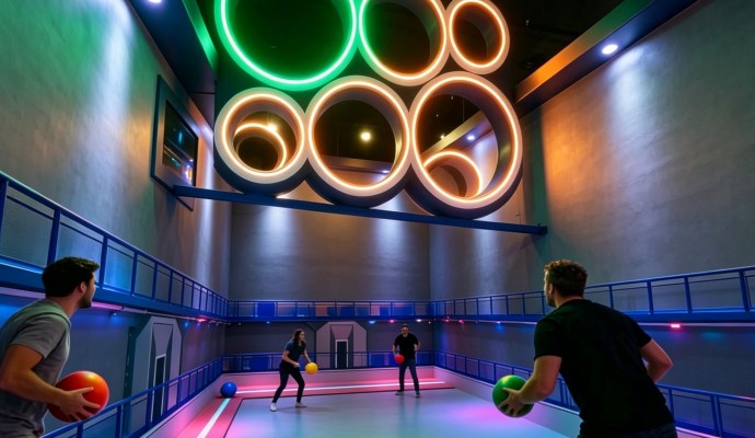 A Playdia interactive entertainment venue lit with neon